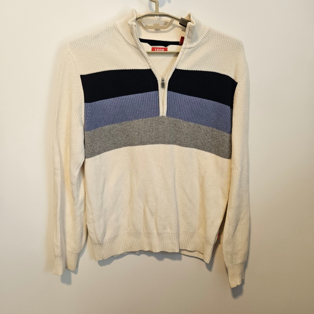IZOD Mens Quarter Zip Sweater M Pullover Cream Blue Striped Ribbed Knit Surf Y2K